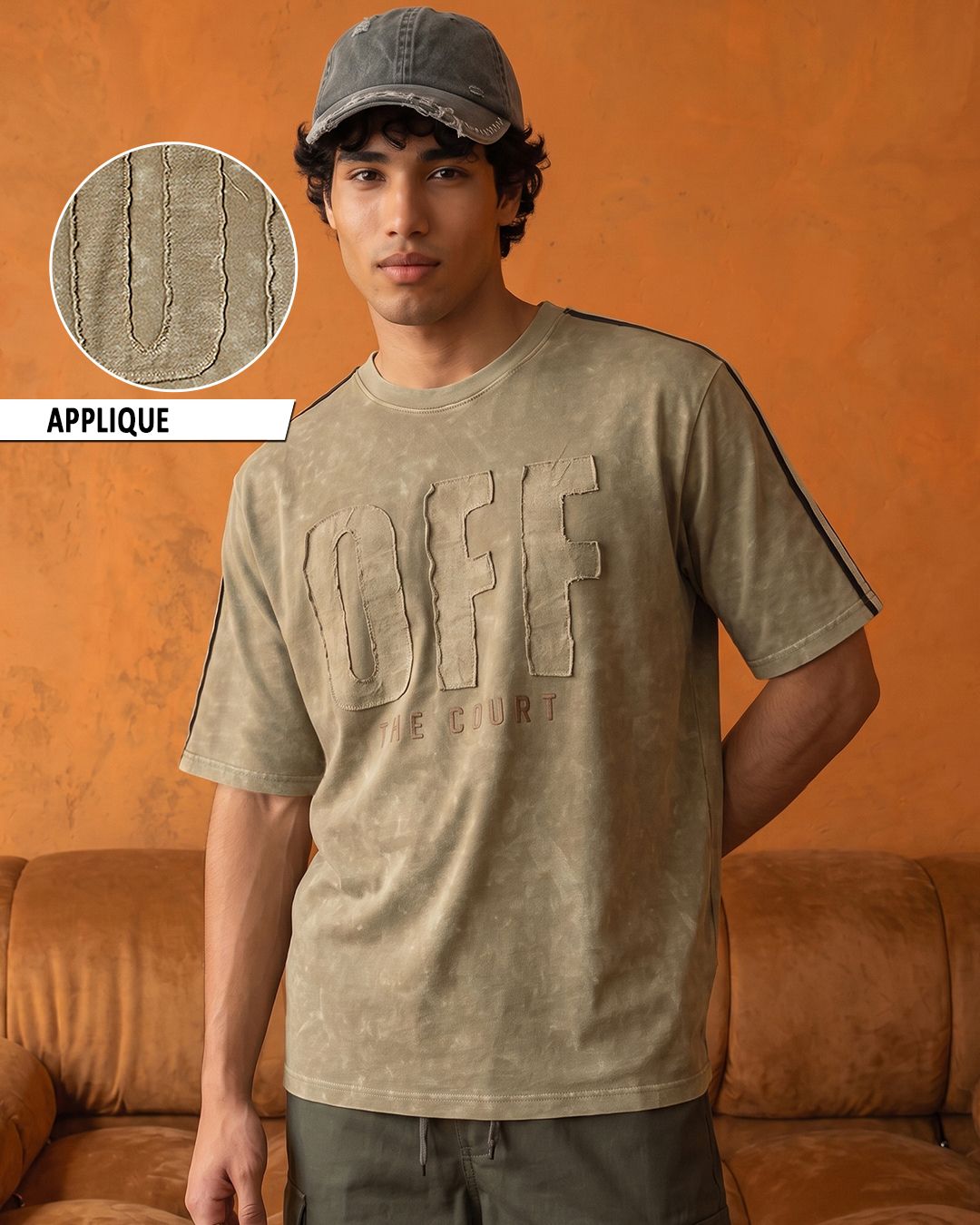 Men’s Beige Applique Oversized Acid Wash T-shirt
